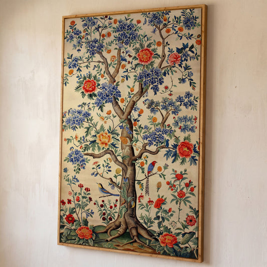 Peony Tree with Birds Canvas Print shown in white oak floating frame