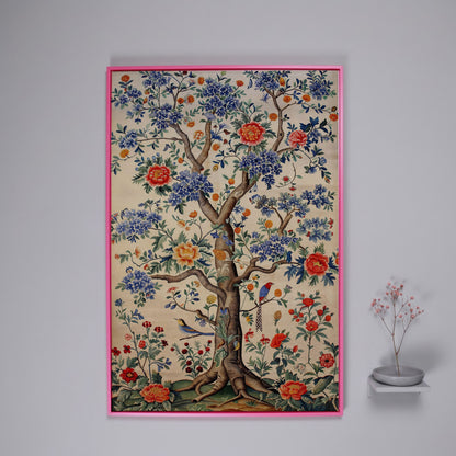 Peony Tree with Birds Canvas Print in pink floating frame