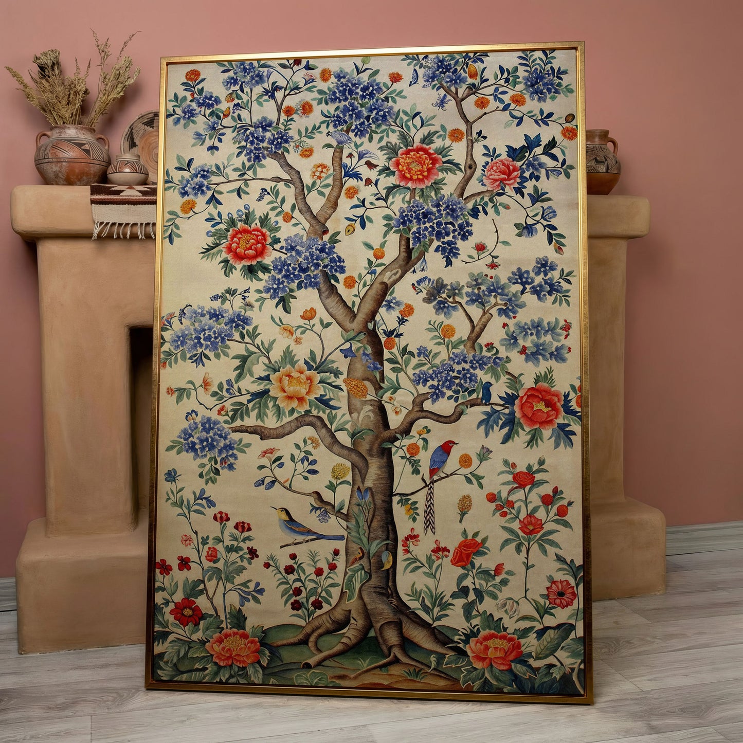 Peony Tree with Birds Canvas Print in rose gold floating frame