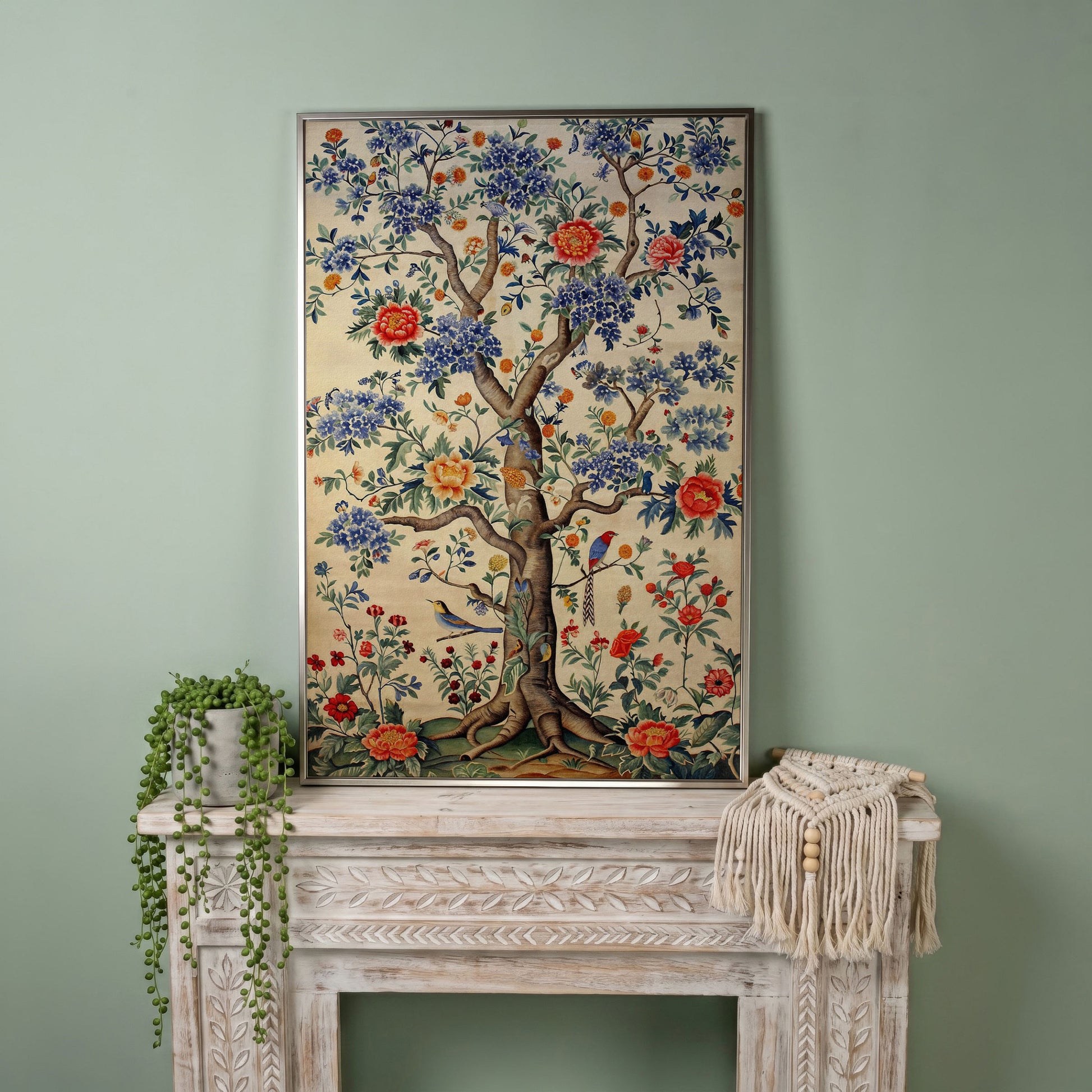 Peony Tree with Birds Canvas Print in silver floating frame