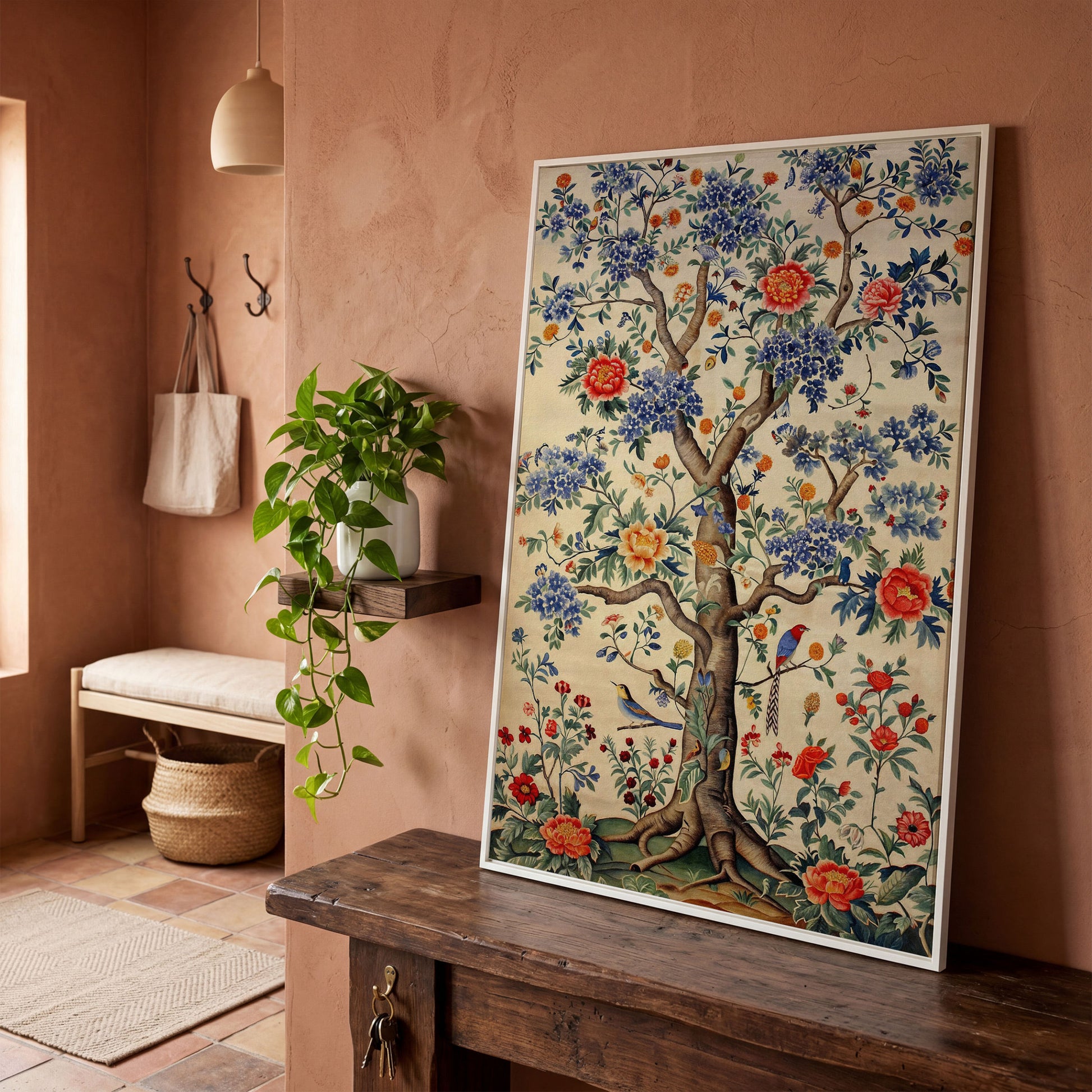 Peony Tree with Birds Canvas Print in white floating frame