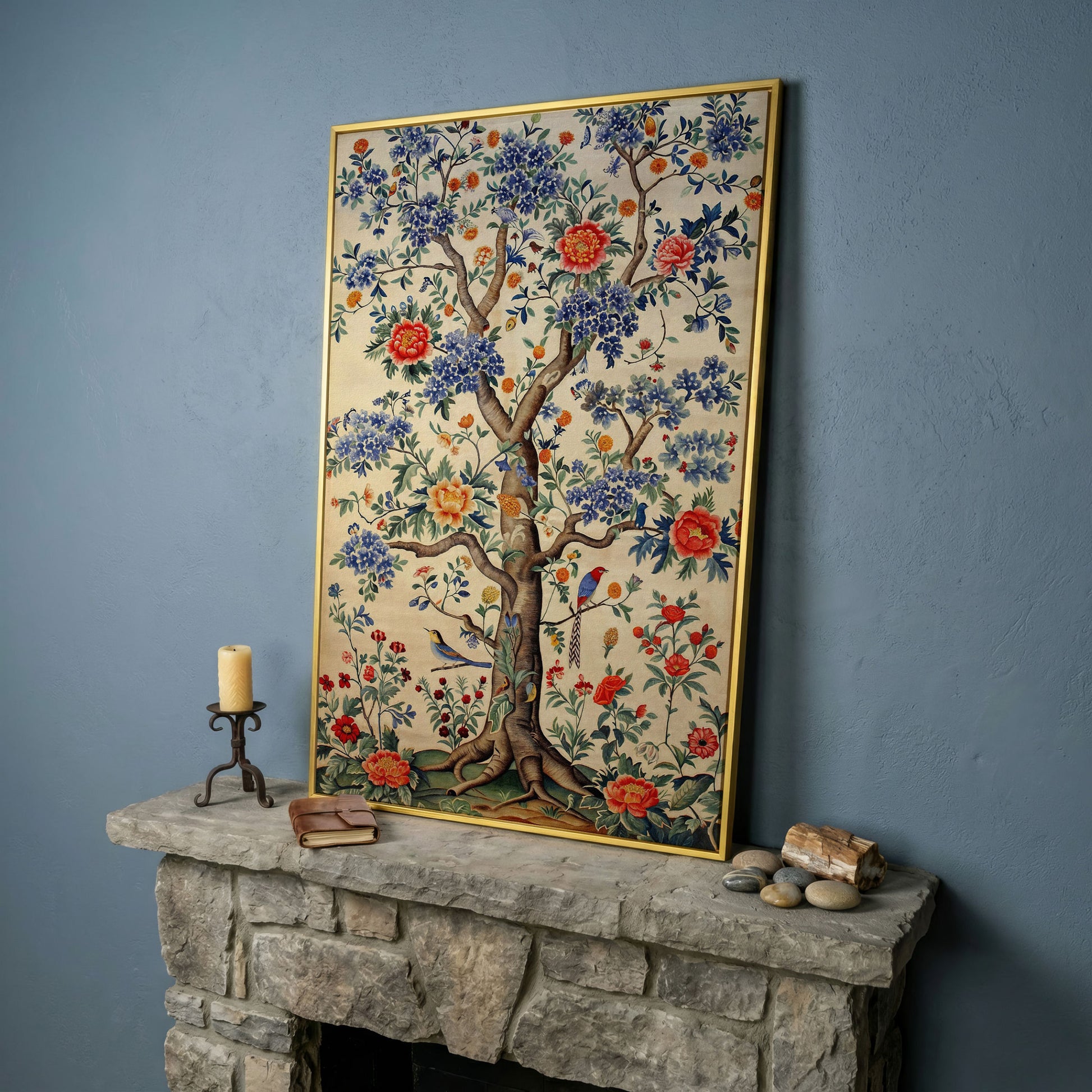 Peony Tree with Birds Canvas Print in yellow gold floating frame