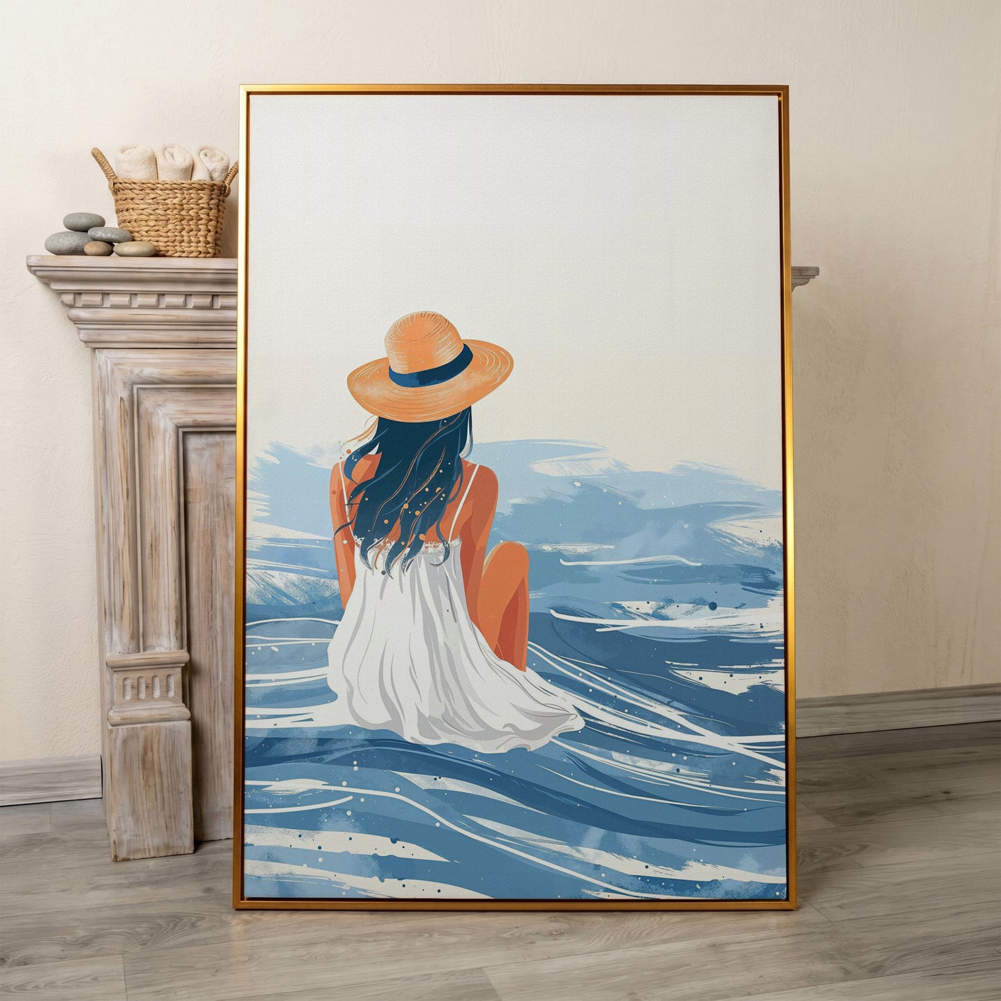 Woman by the Sea Canvas Wall Art in Portrait in antique gold floating frame