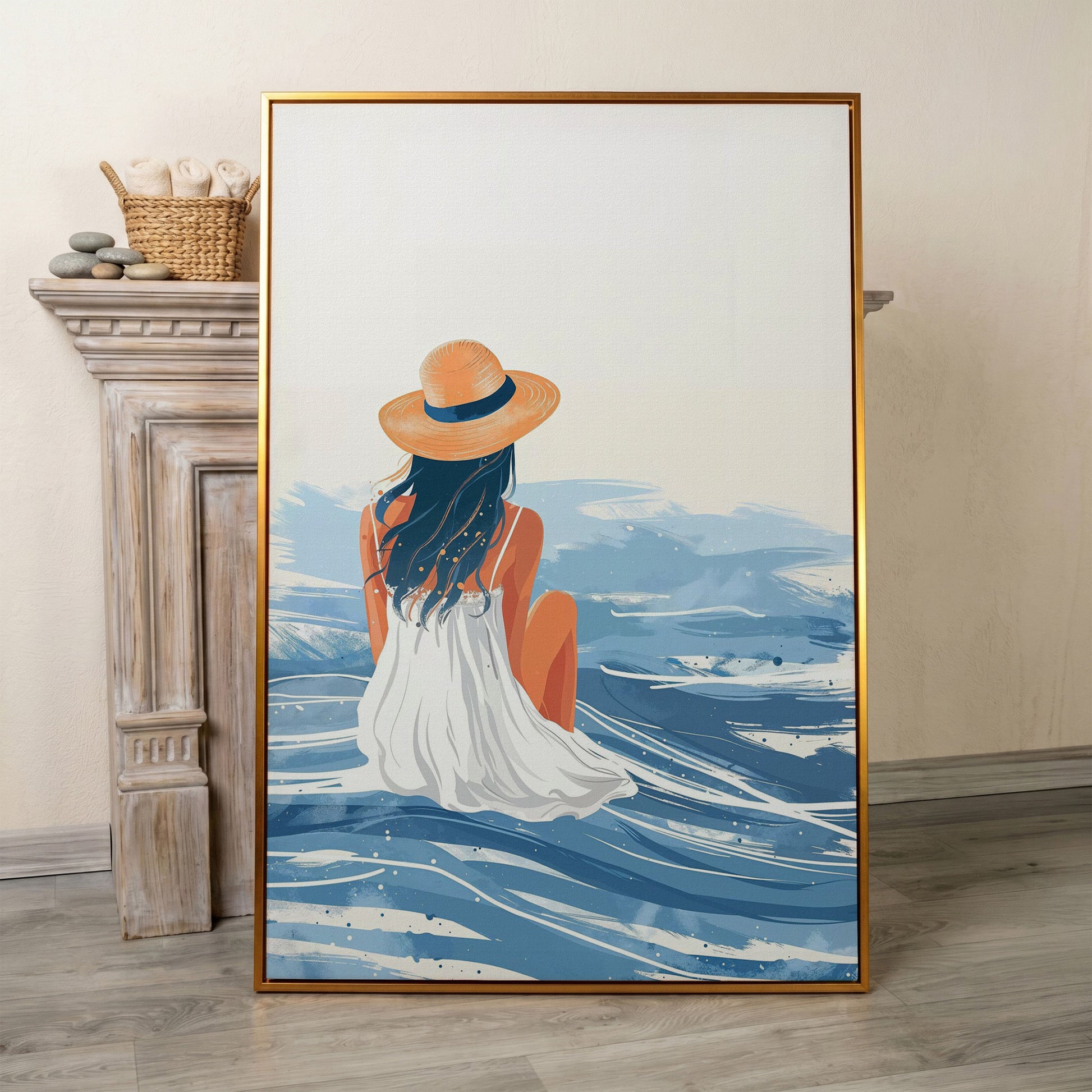 Woman by the Sea Canvas Wall Art in Portrait in antique gold floating frame