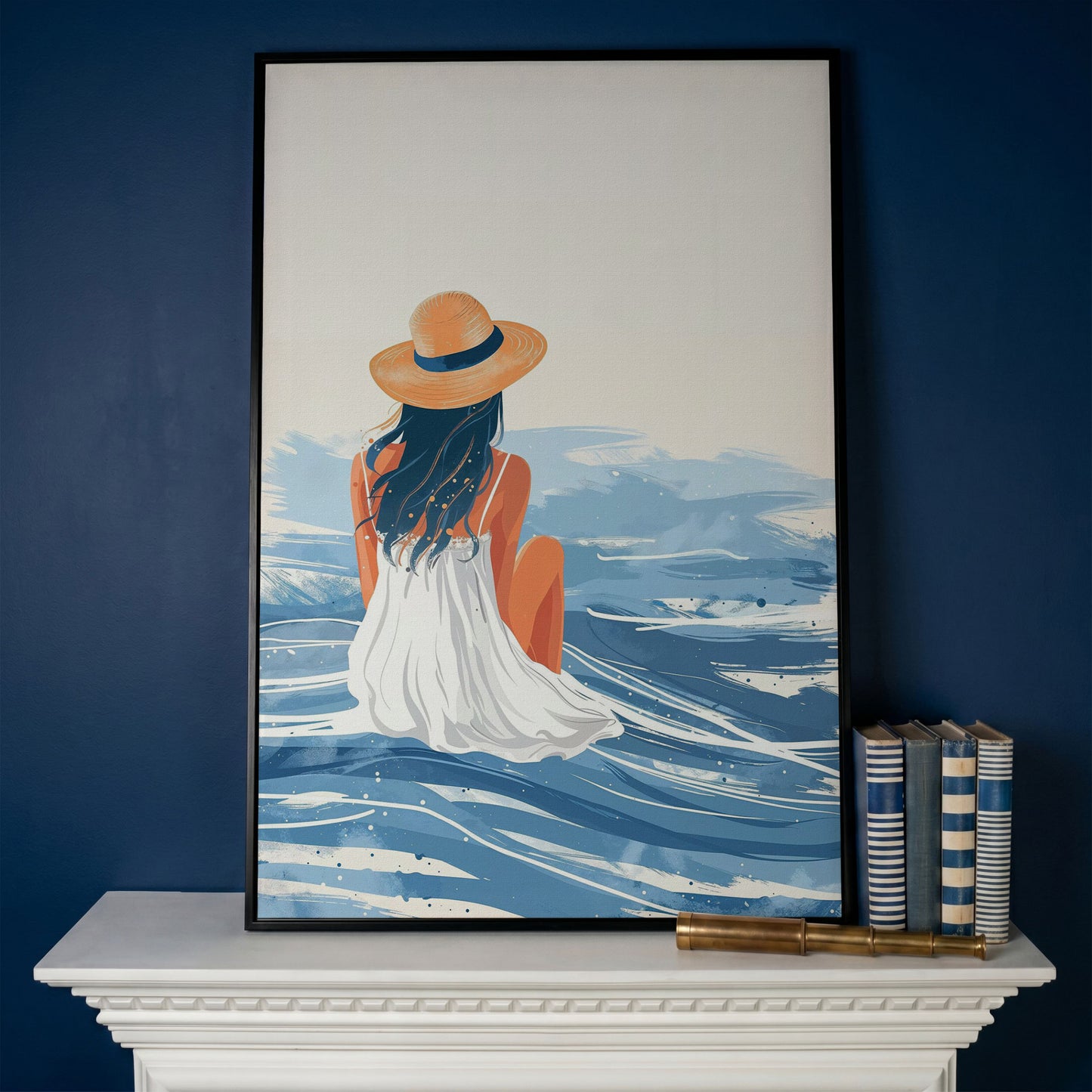 Woman by the Sea Canvas Wall Art in Portrait in black floating frame