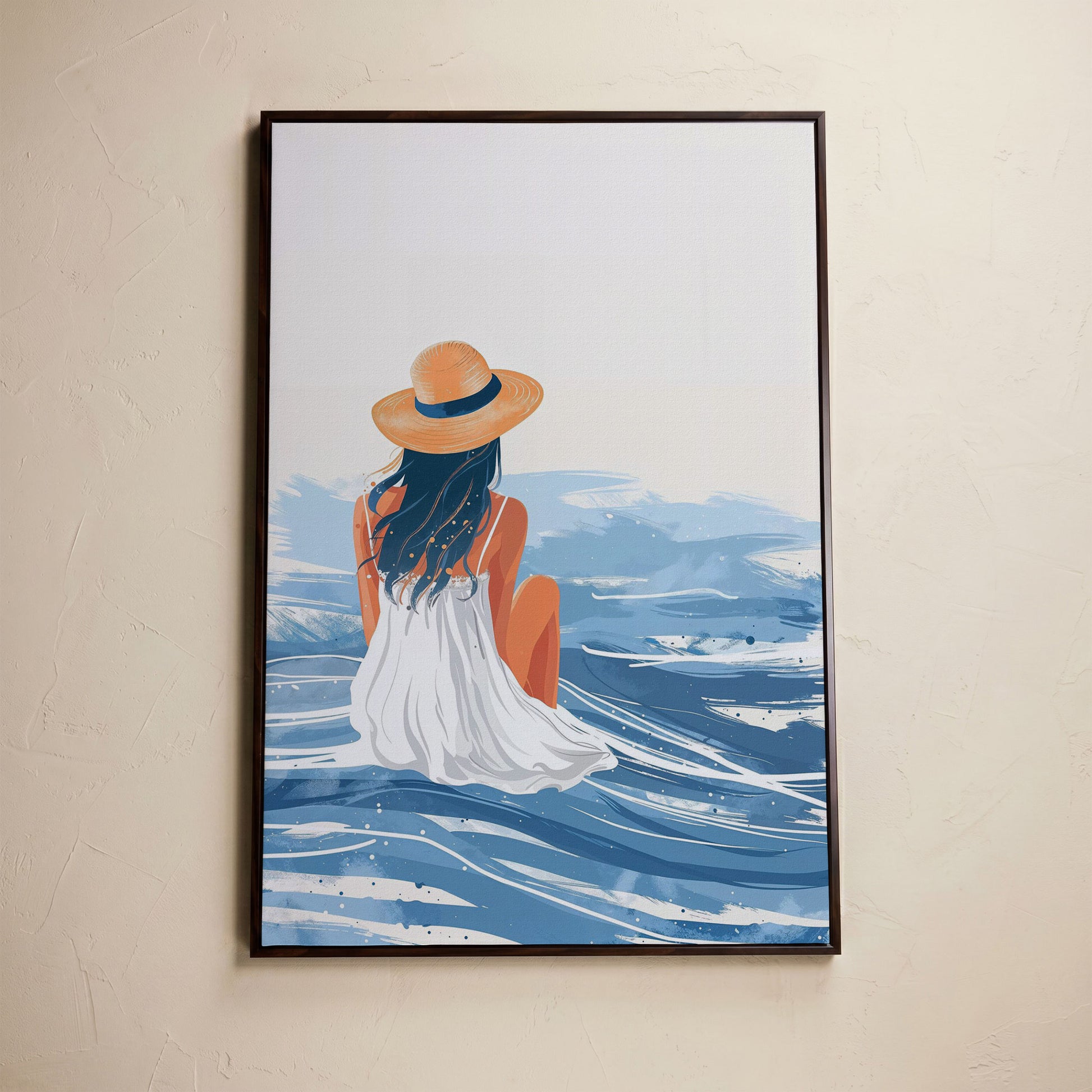 Woman by the Sea Canvas Wall Art in Portrait in dark walnut floating frame