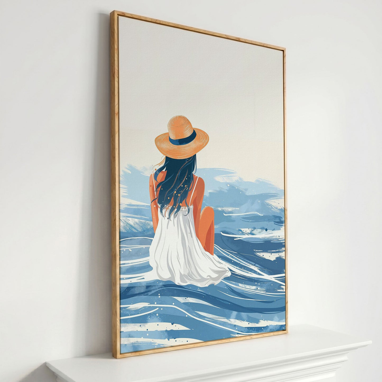 Woman by the Sea Canvas Wall Art in Portrait in white oak floating frame