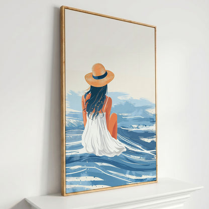 Woman by the Sea Canvas Wall Art in Portrait in white oak floating frame