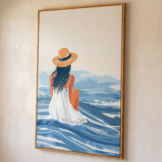 Woman by the Sea Canvas Wall Art in Portrait shown in white oak floating frame