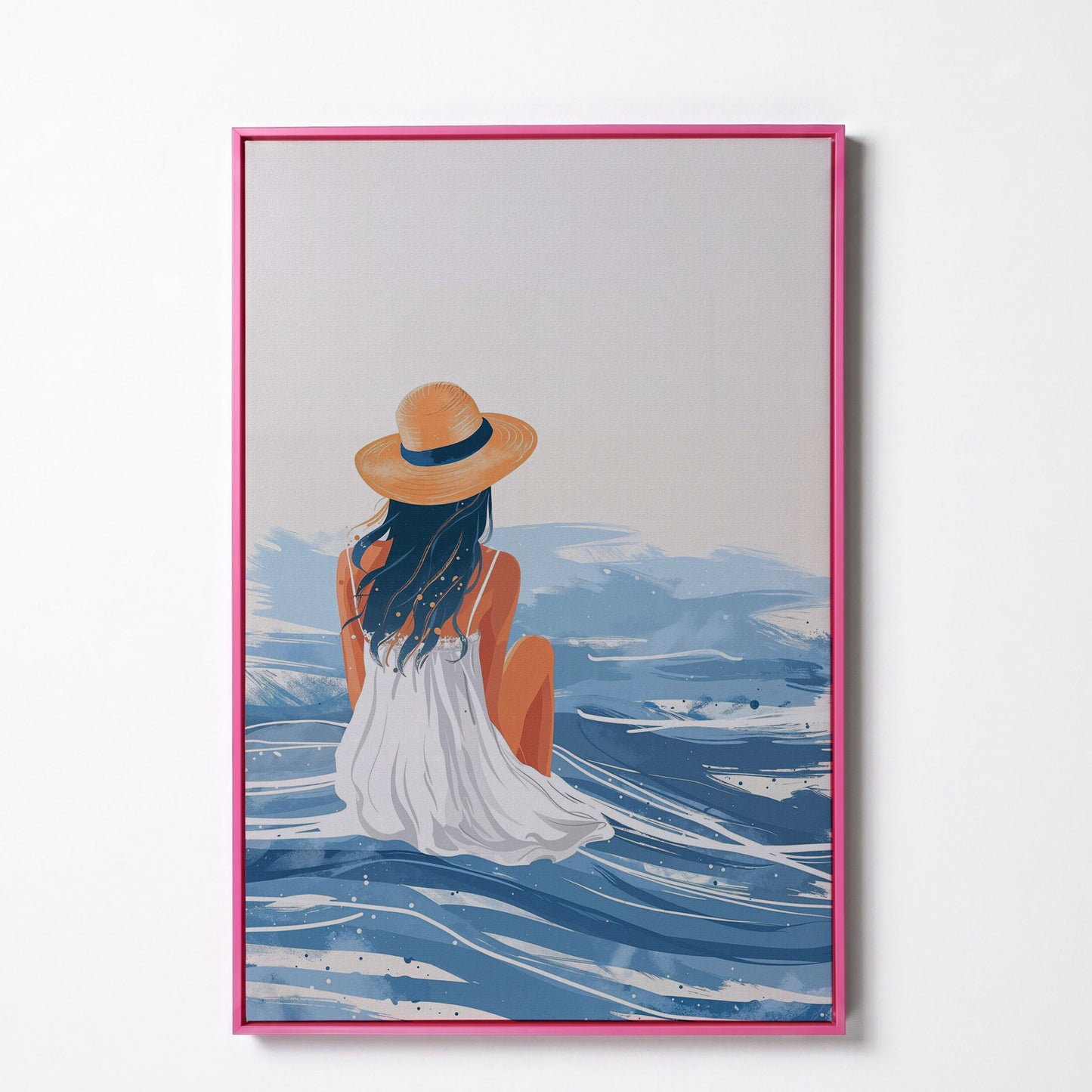Woman by the Sea Canvas Wall Art in Portrait in pink floating frame