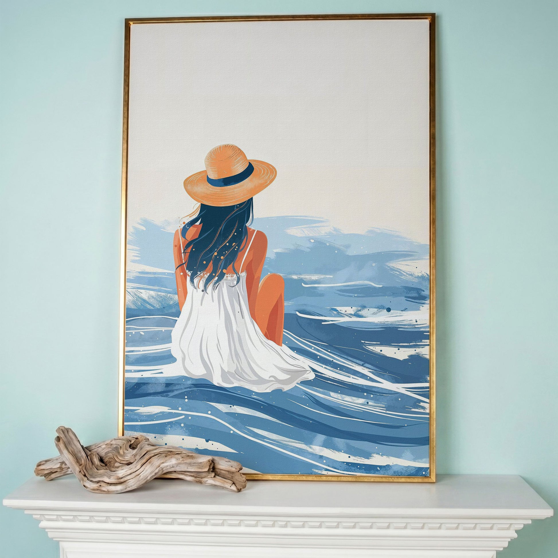 Woman by the Sea Canvas Wall Art in Portrait in rose gold floating frame