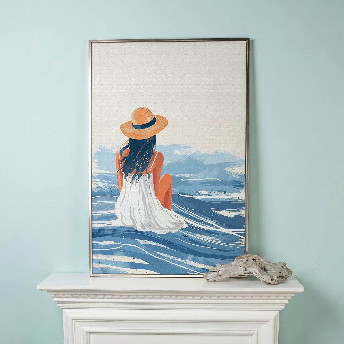 Woman by the Sea Canvas Wall Art in Portrait in silver floating frame