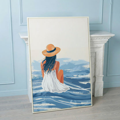 Woman by the Sea Canvas Wall Art in Portrait in white floating frame