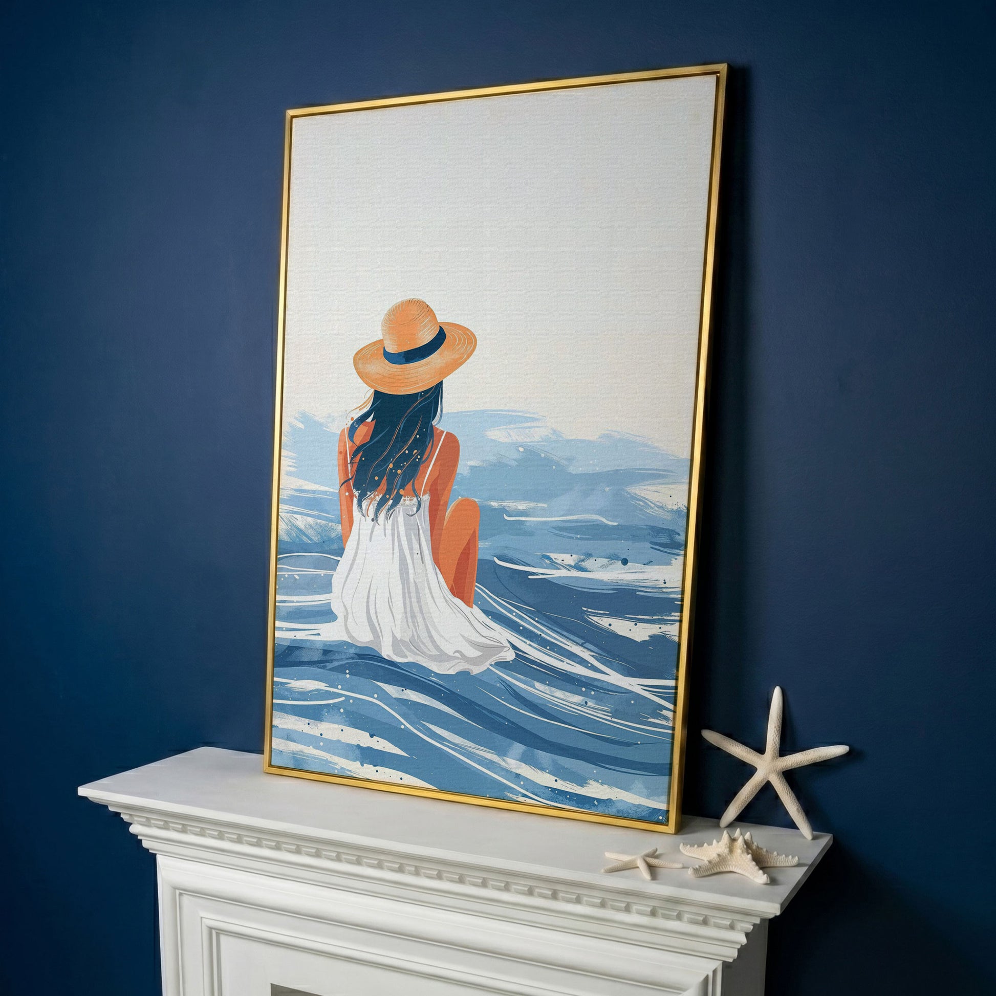 Woman by the Sea Canvas Wall Art in Portrait in yellow gold floating frame