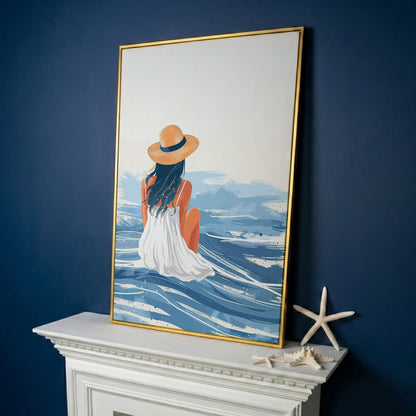 Woman by the Sea Canvas Wall Art in Portrait in yellow gold floating frame