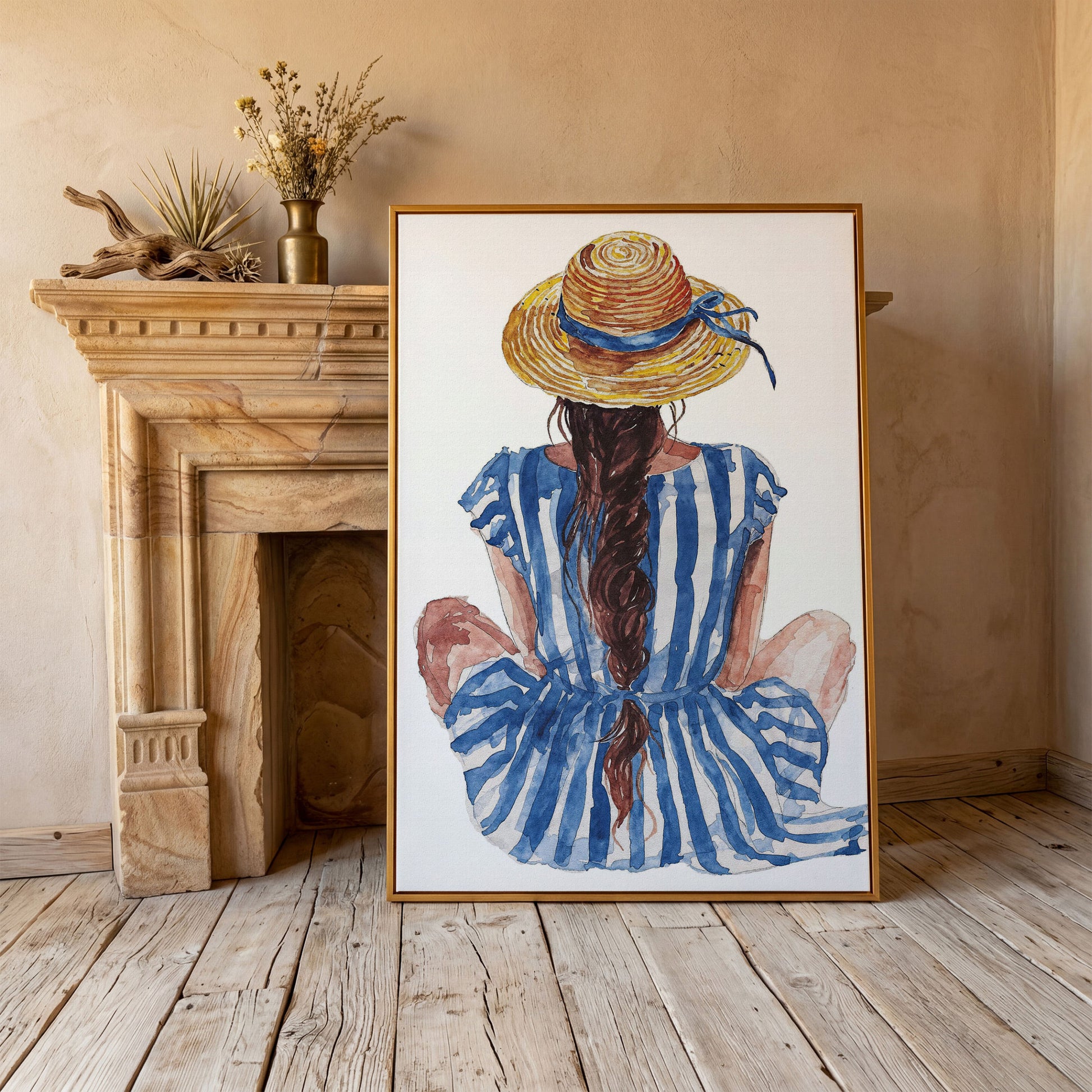 Bohemian Woman in Striped Dress Canvas Print in antique gold floating frame