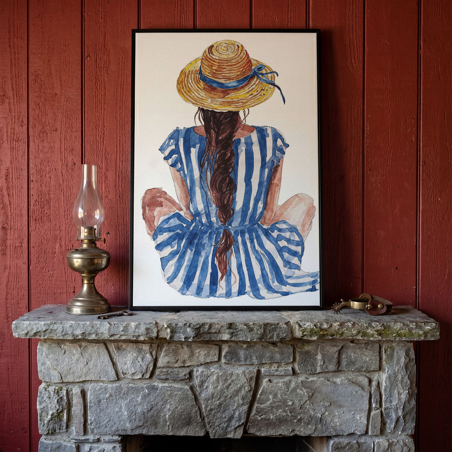 Bohemian Woman in Striped Dress Canvas Print in black floating frame