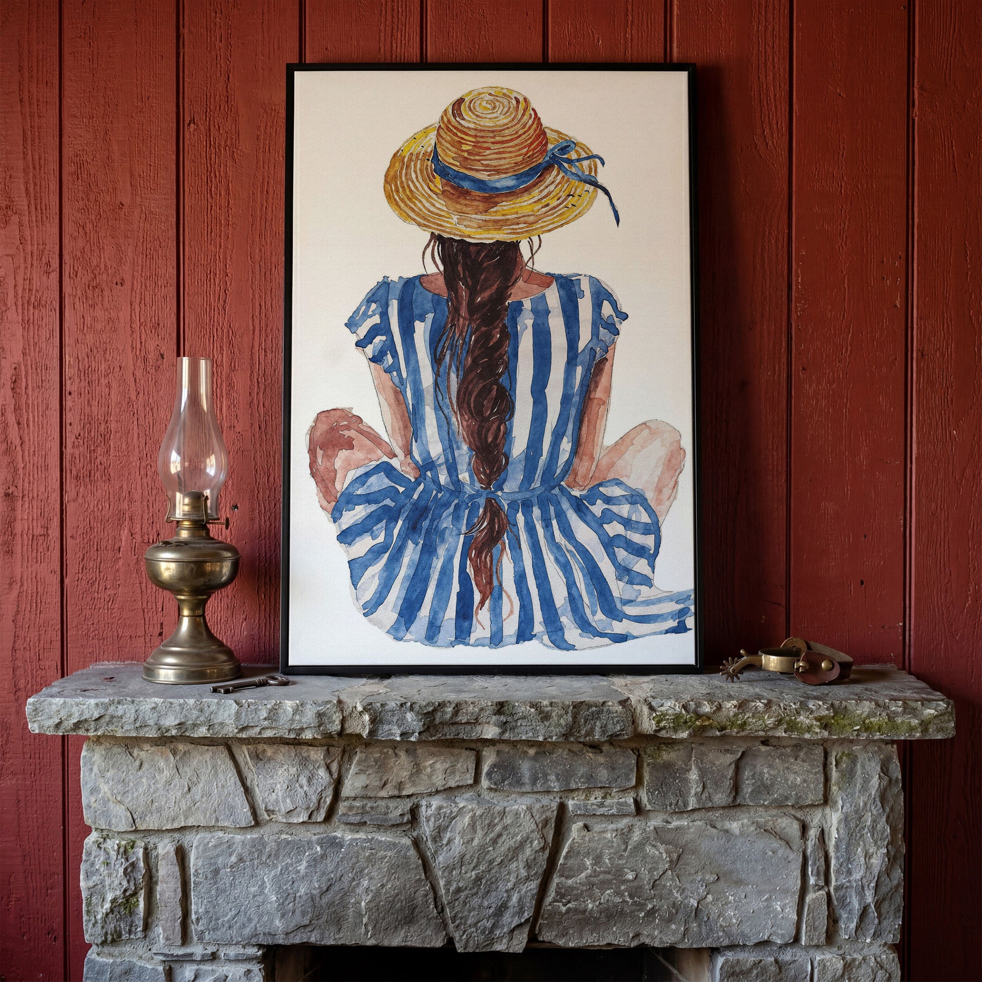 Bohemian Woman in Striped Dress Canvas Print in black floating frame