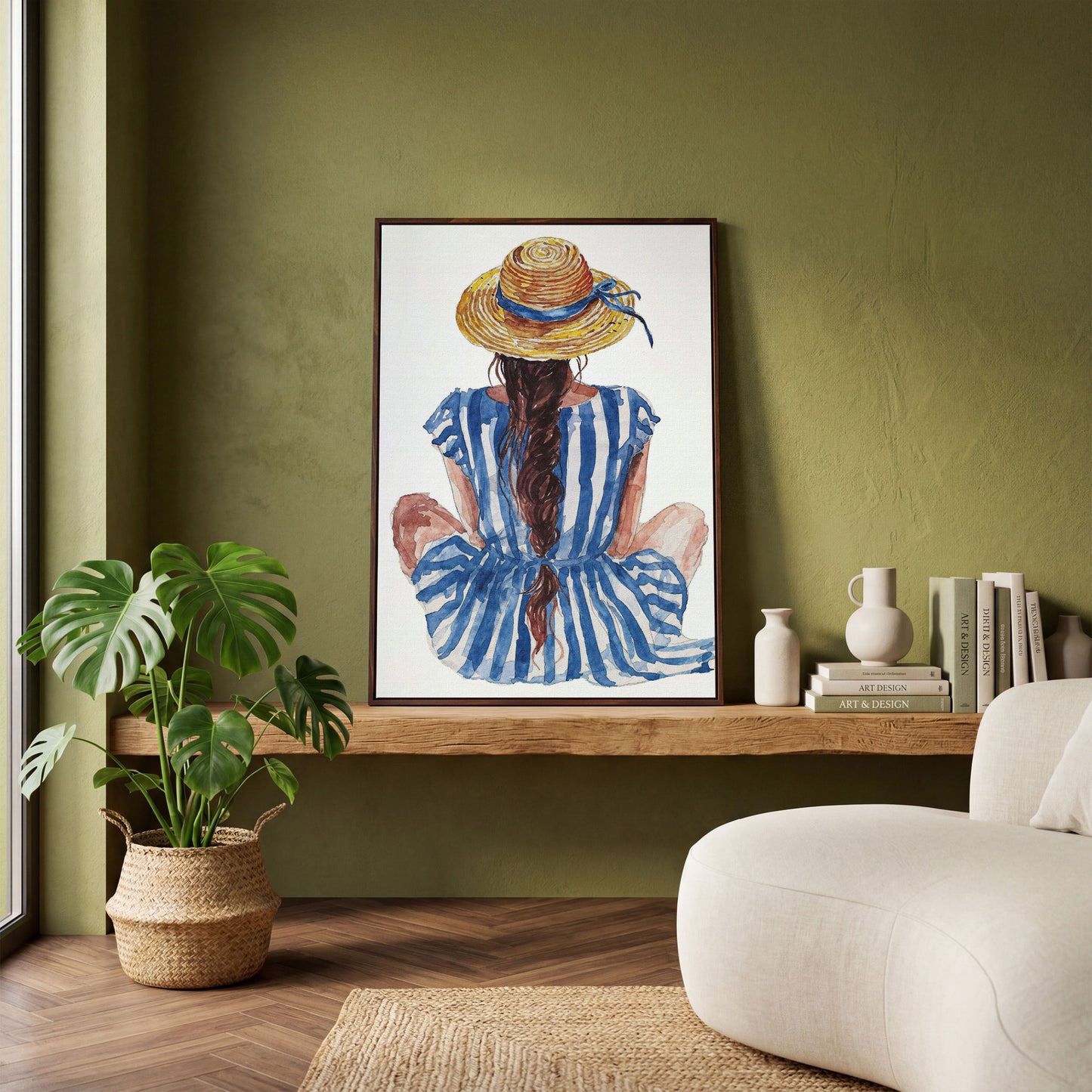 Bohemian Woman in Striped Dress Canvas Print in dark walnut floating frame