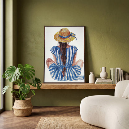 Bohemian Woman in Striped Dress Canvas Print in dark walnut floating frame