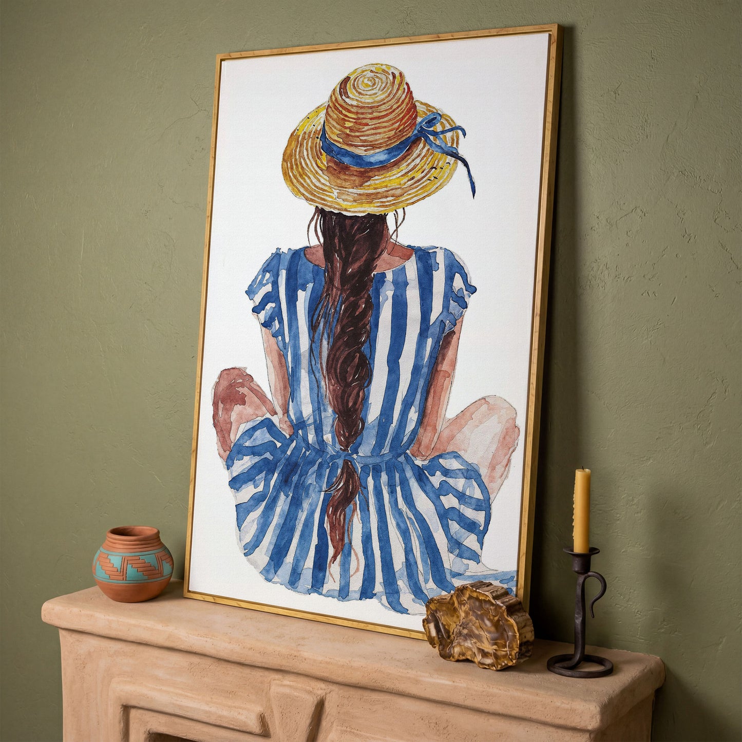 Bohemian Woman in Striped Dress Canvas Print in white oak floating frame