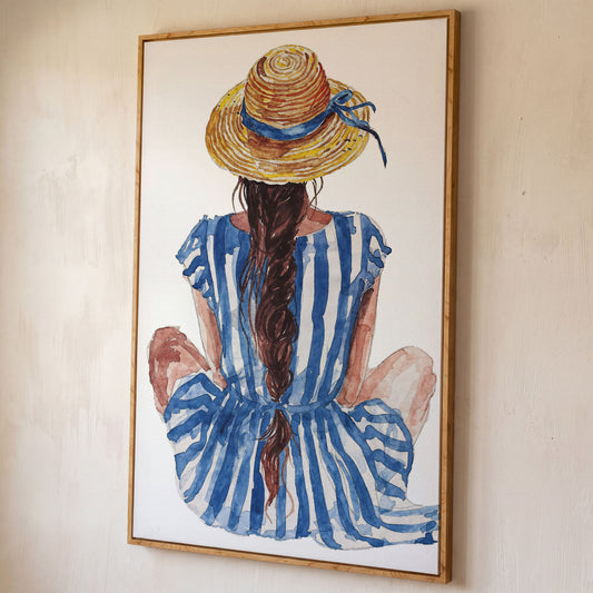 Bohemian Woman in Striped Dress Canvas Print shown in white oak floating frame