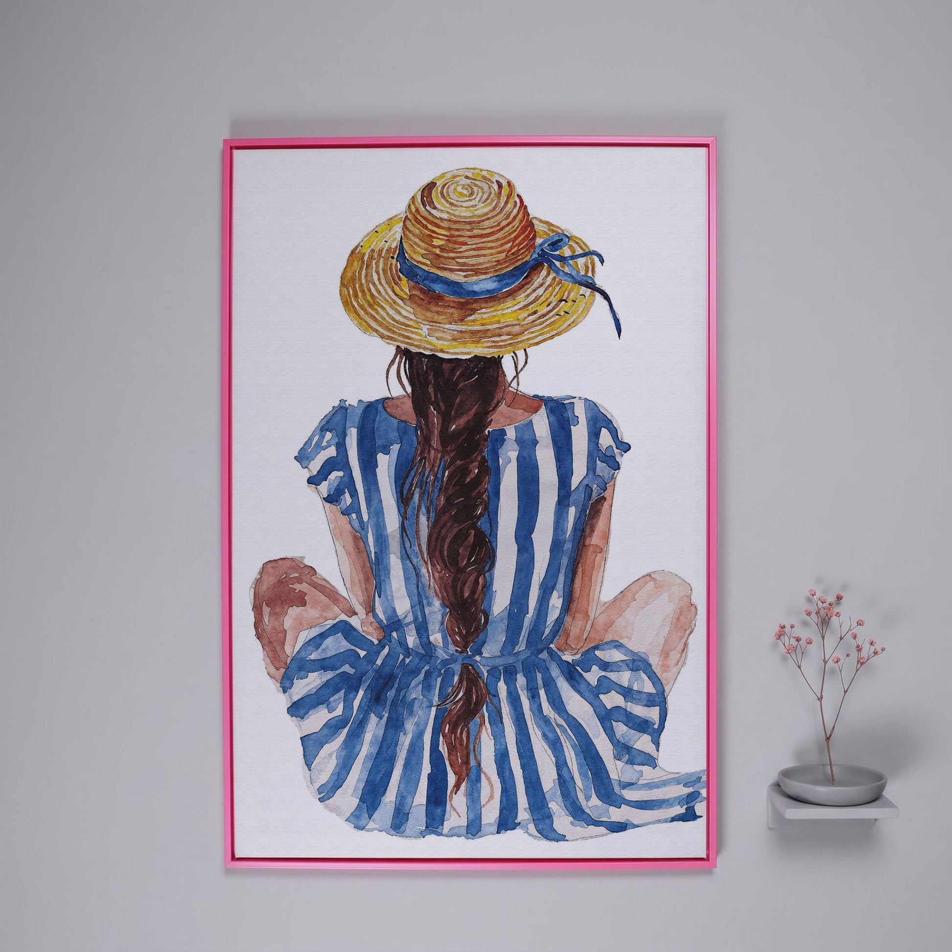 Bohemian Woman in Striped Dress Canvas Print in pink floating frame