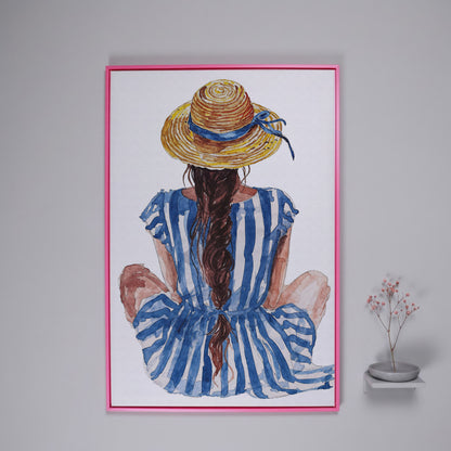 Bohemian Woman in Striped Dress Canvas Print in pink floating frame