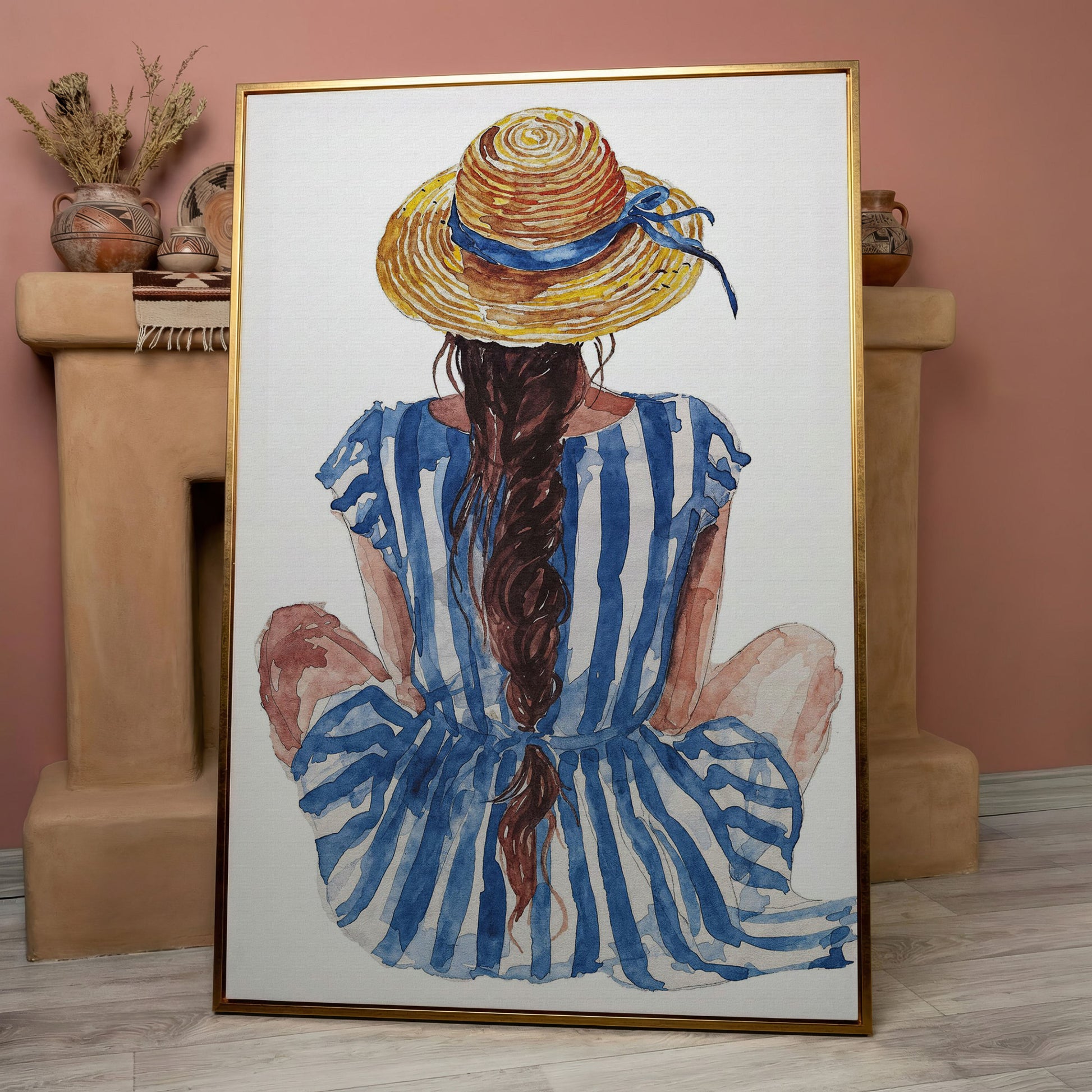 Bohemian Woman in Striped Dress Canvas Print in rose gold floating frame