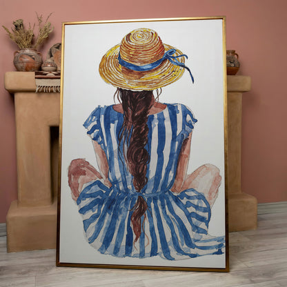 Bohemian Woman in Striped Dress Canvas Print in rose gold floating frame