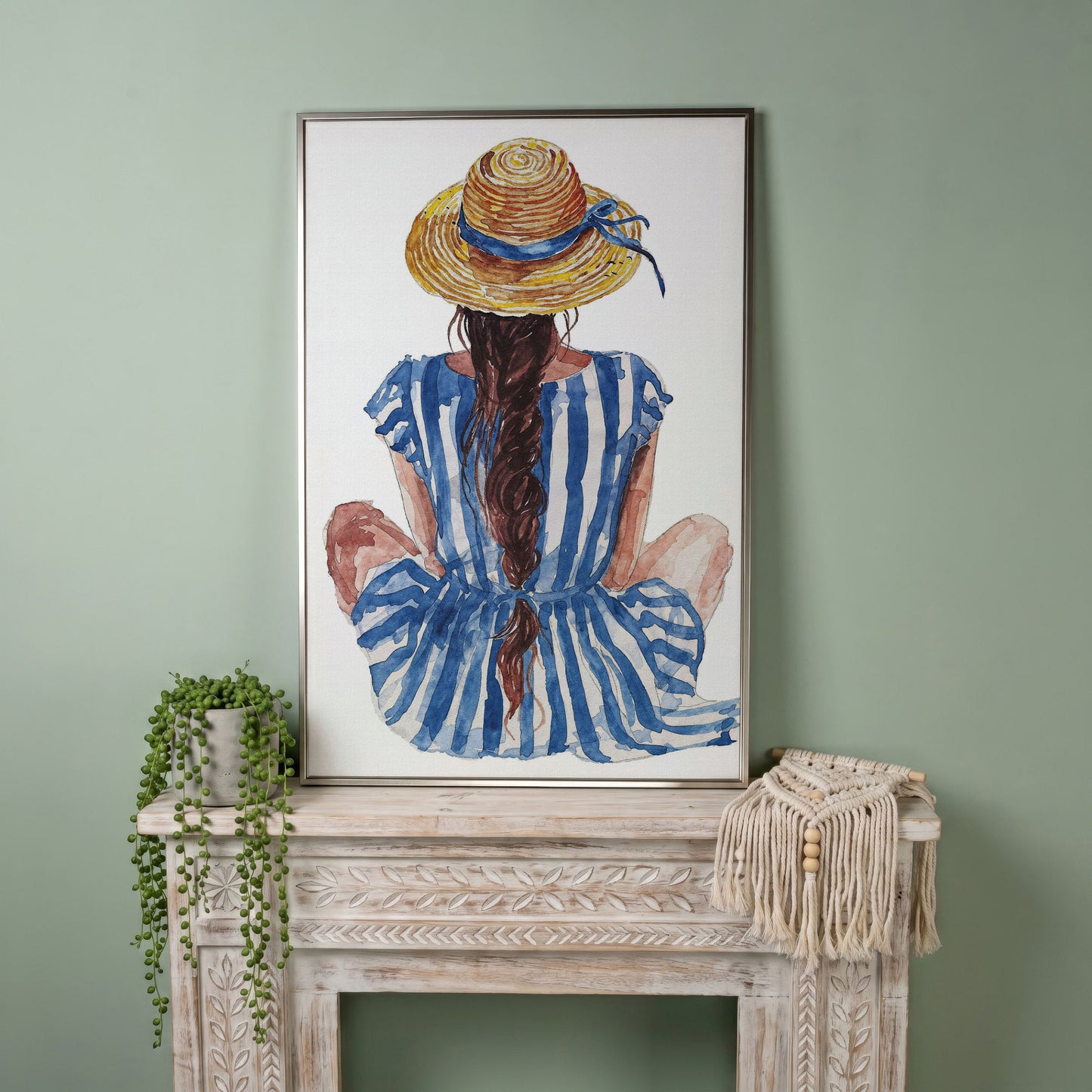 Bohemian Woman in Striped Dress Canvas Print in silver floating frame