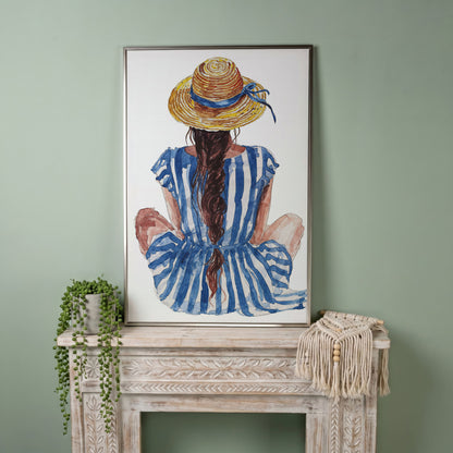 Bohemian Woman in Striped Dress Canvas Print in silver floating frame
