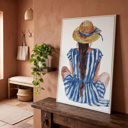 Bohemian Woman in Striped Dress Canvas Print in white floating frame