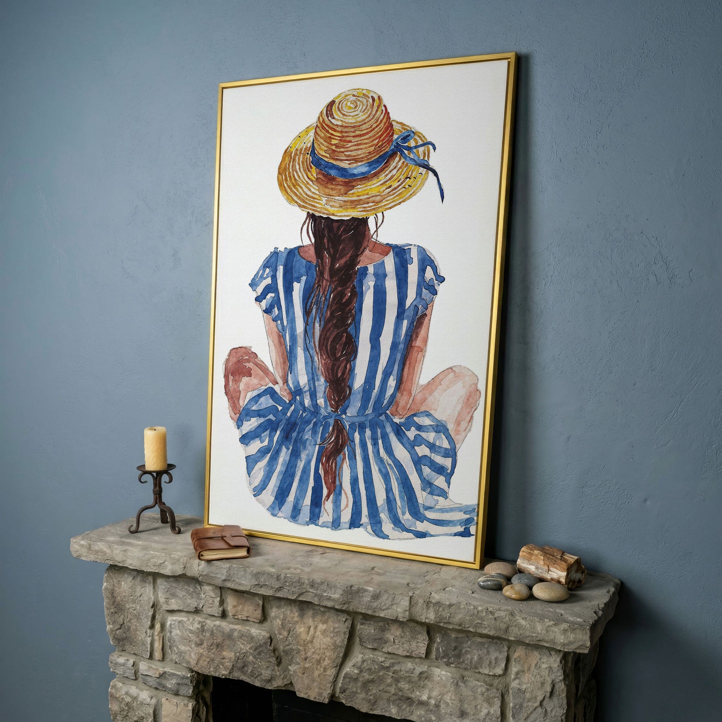 Bohemian Woman in Striped Dress Canvas Print in yellow gold floating frame