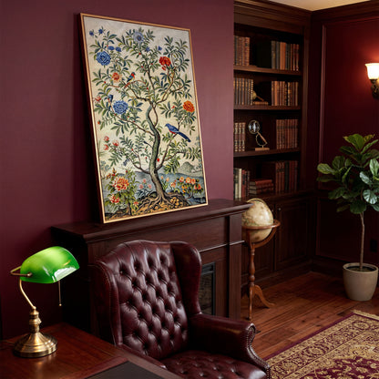 Flowering Tree with Birds Canvas Art in antique gold floating frame