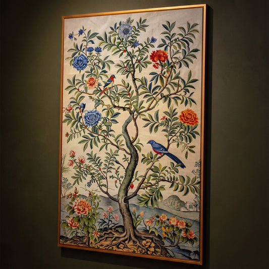 Flowering Tree with Birds Canvas Art shown in antique gold floating frame