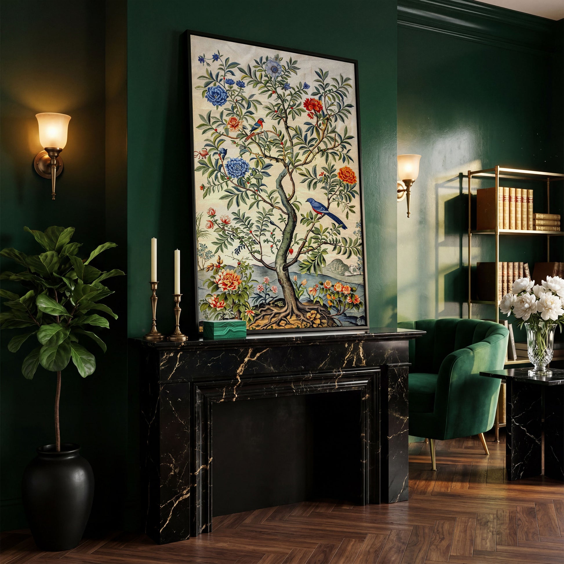 Flowering Tree with Birds Canvas Art in black floating frame