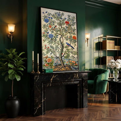 Flowering Tree with Birds Canvas Art in black floating frame