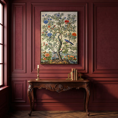 Flowering Tree with Birds Canvas Art in dark walnut floating frame