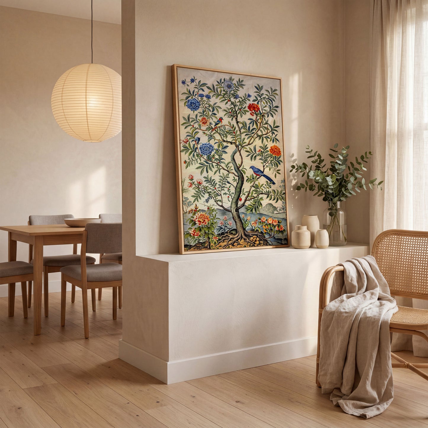 Flowering Tree with Birds Canvas Art in white oak floating frame