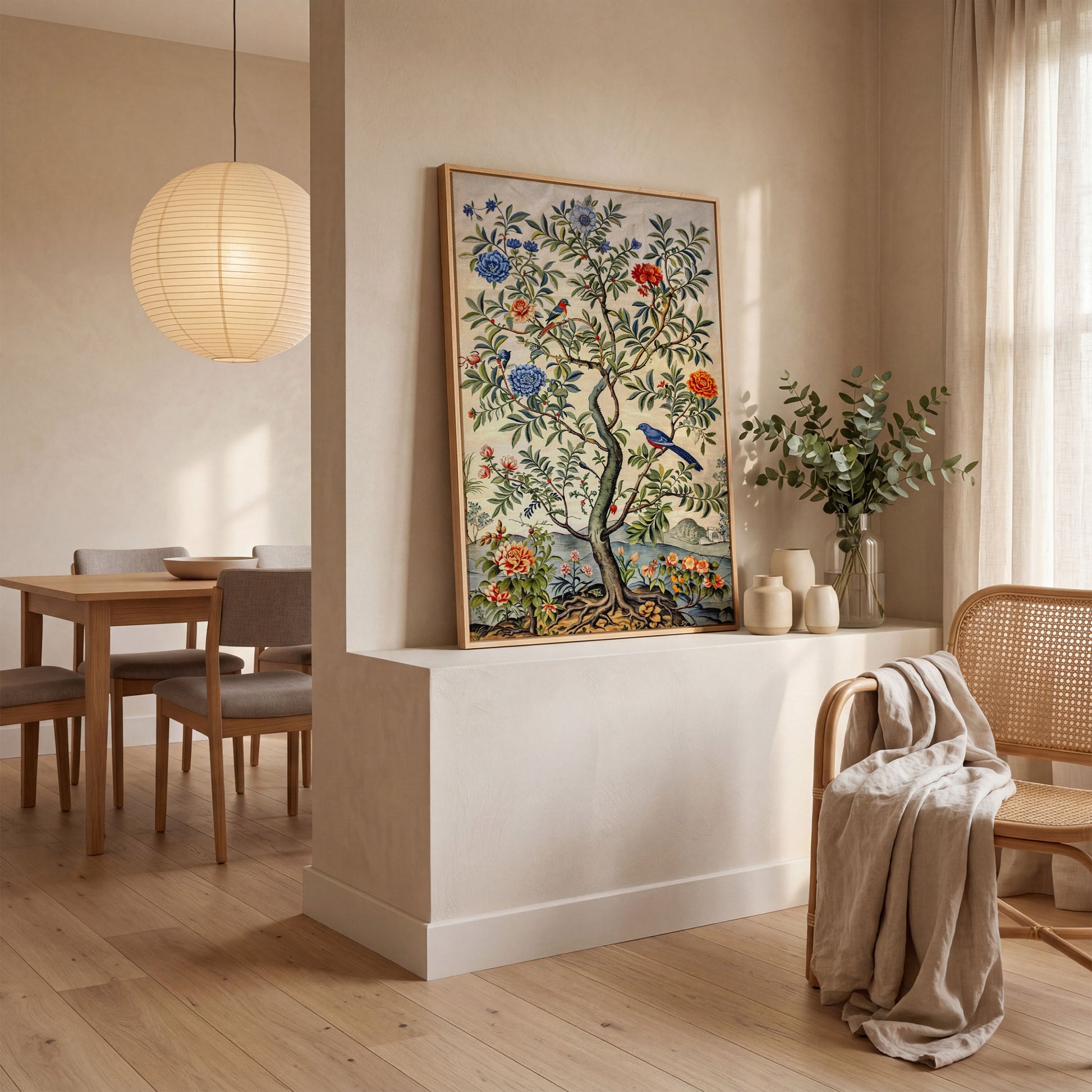 Flowering Tree with Birds Canvas Art in white oak floating frame