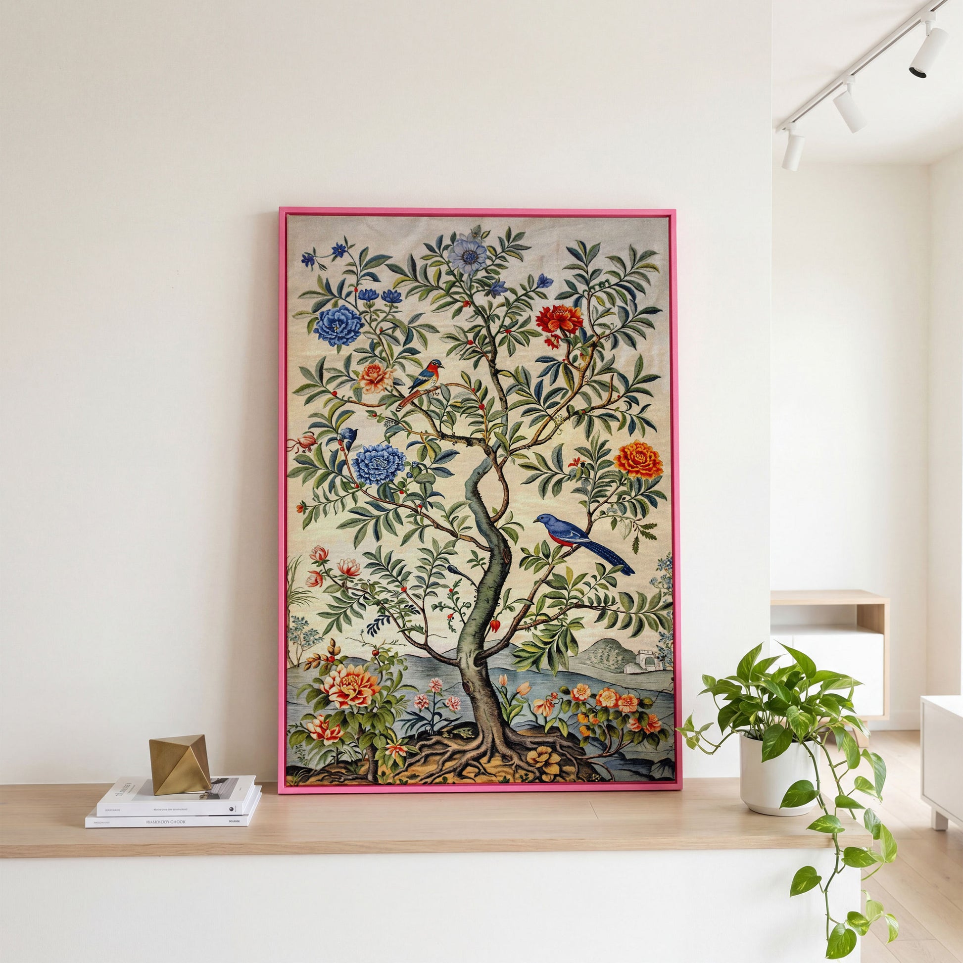 Flowering Tree with Birds Canvas Art in pink floating frame