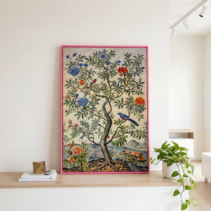 Flowering Tree with Birds Canvas Art in pink floating frame