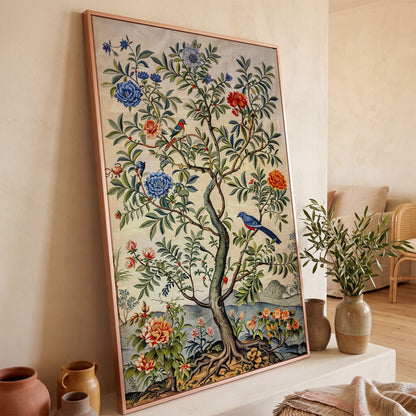 Flowering Tree with Birds Canvas Art in rose gold floating frame