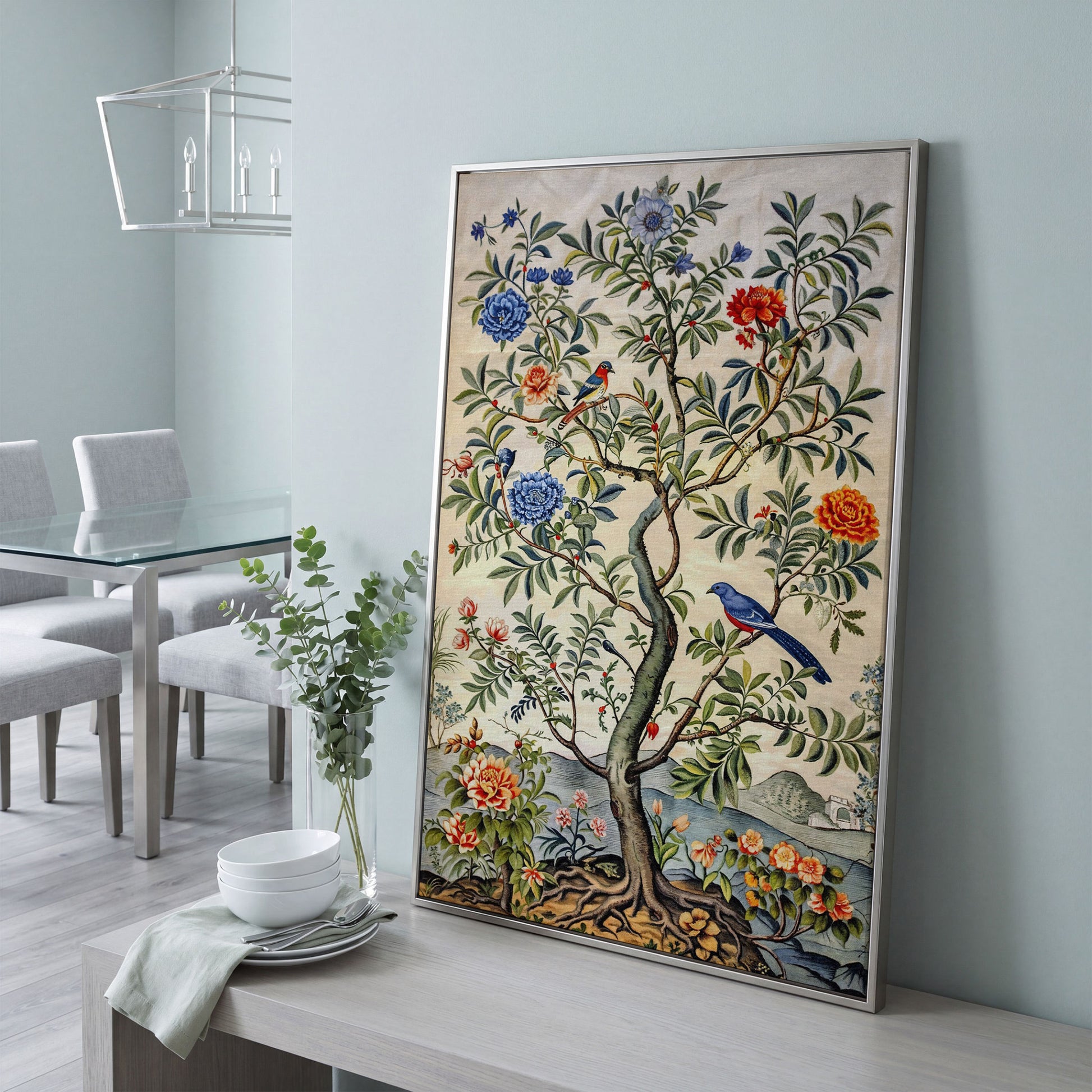 Flowering Tree with Birds Canvas Art in silver floating frame