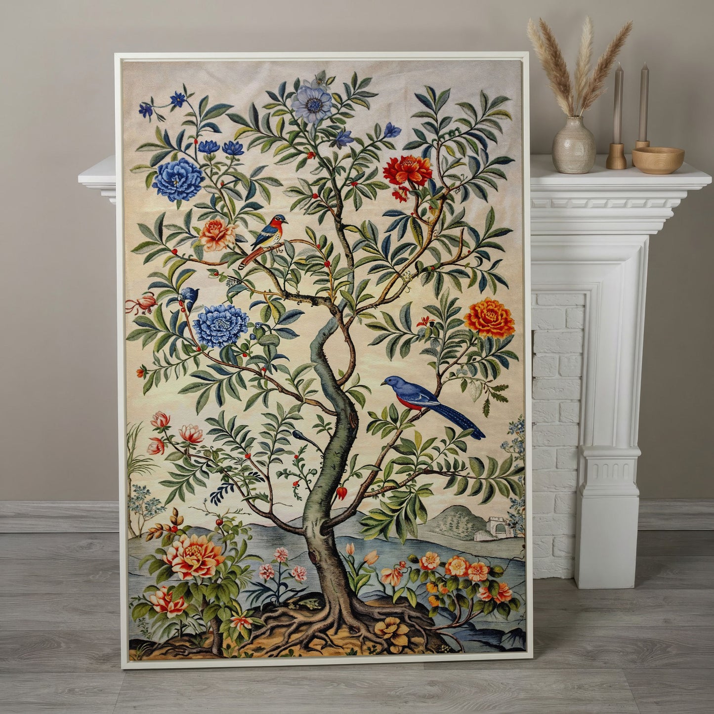 Flowering Tree with Birds Canvas Art in white floating frame