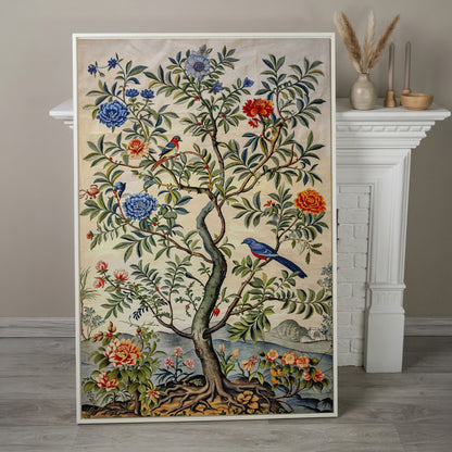 Flowering Tree with Birds Canvas Art in white floating frame