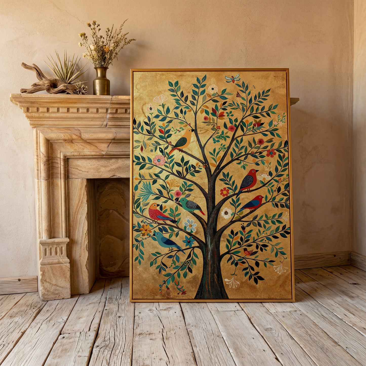 Tree of Life with Birds Canvas Print in Gold and Teal in antique gold floating frame