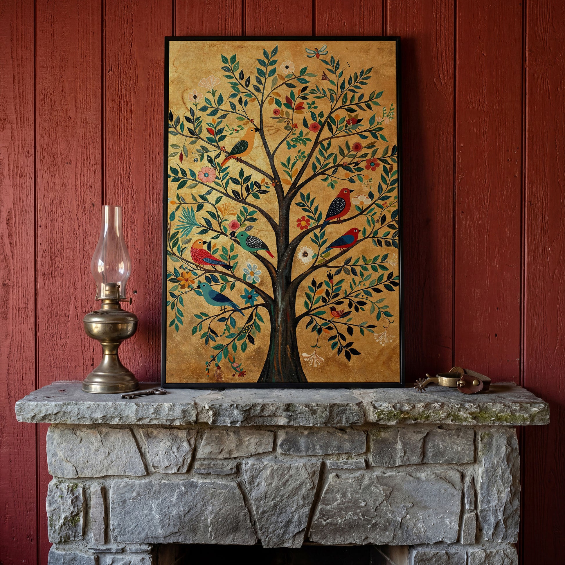 Tree of Life with Birds Canvas Print in Gold and Teal in black floating frame