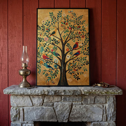 Tree of Life with Birds Canvas Print in Gold and Teal in black floating frame